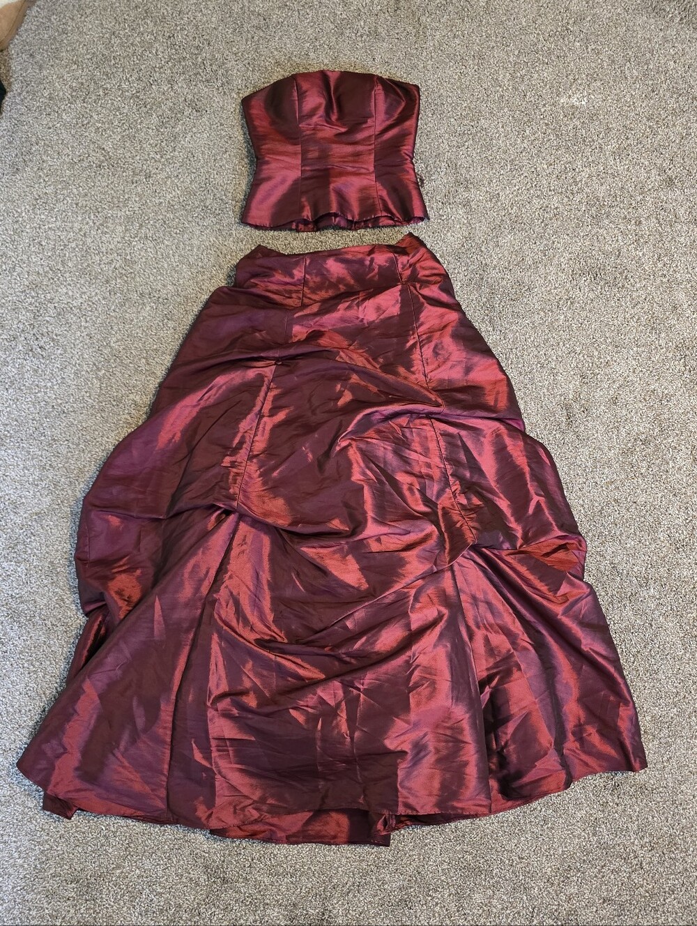 Vintage Bill Levkoff 2 Piece Corset Pick Up Maxi Skirt Set Burgundy Taffeta Y2K